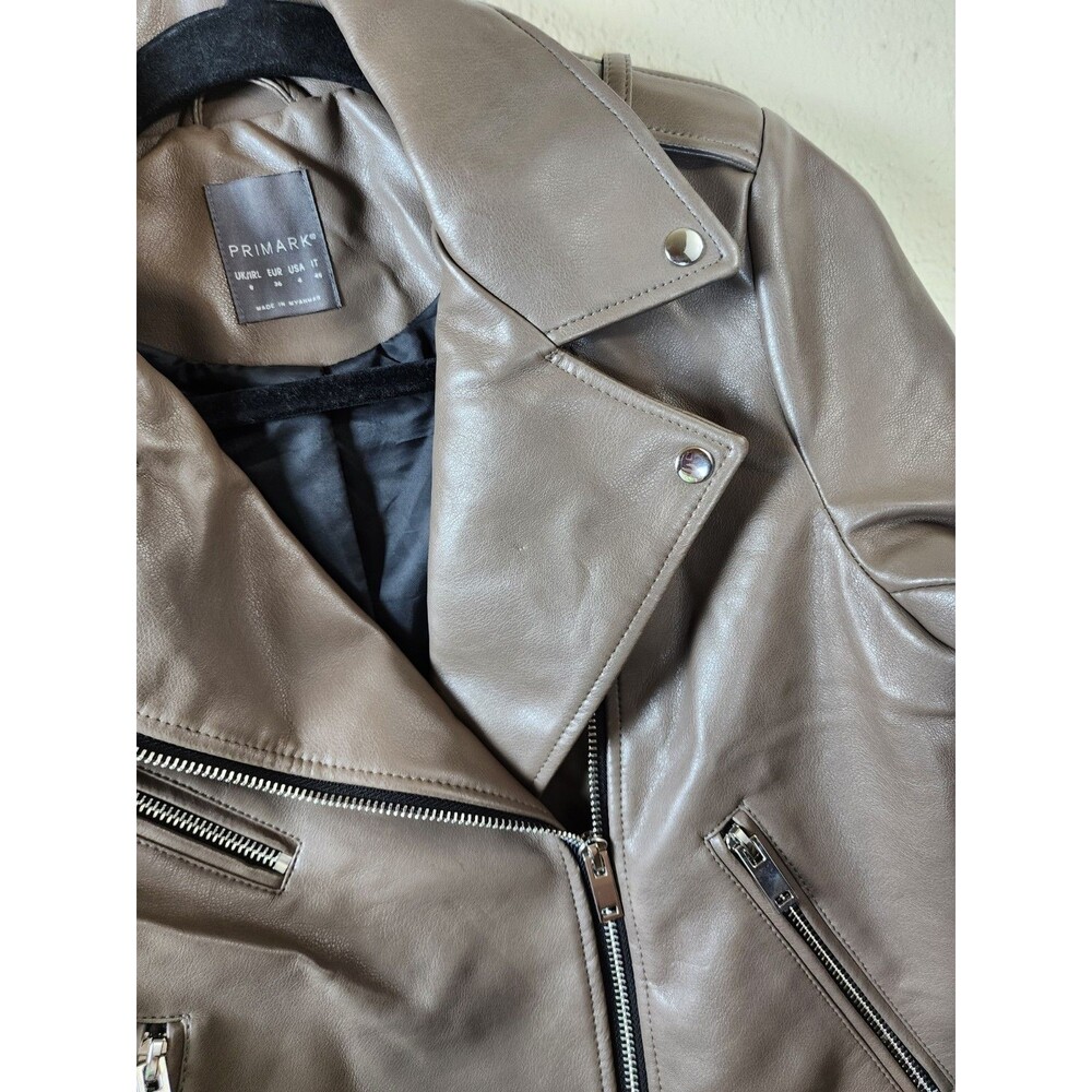 Primark Womens Size 4 Tan Faux Leather Zip Up Biker Jacket - Picture 2 of 7